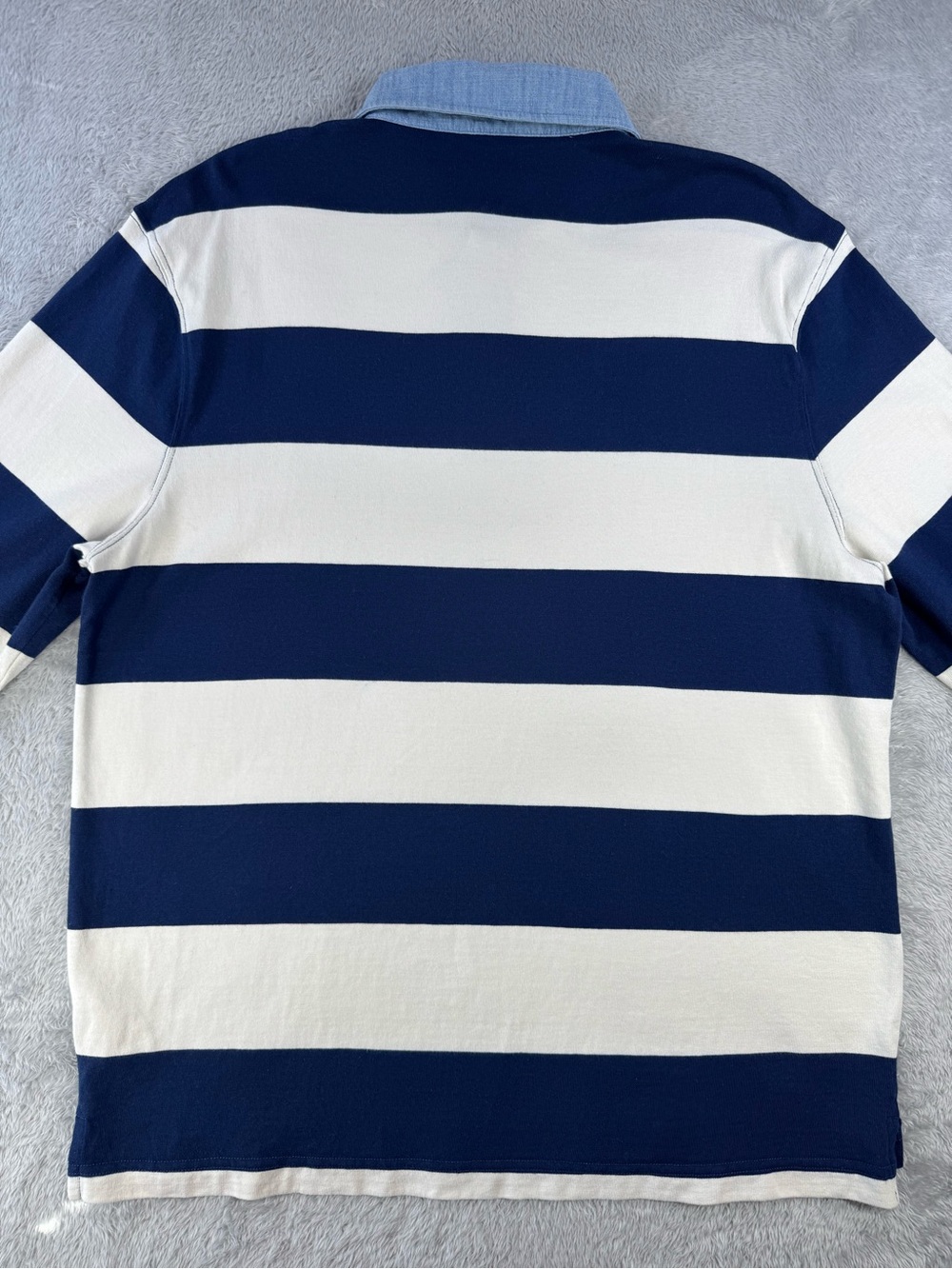 J.Crew Factory Mens L Rugby Shirt Navy Ivory Stripe Chambray Collar Preppy - Picture 3 of 14